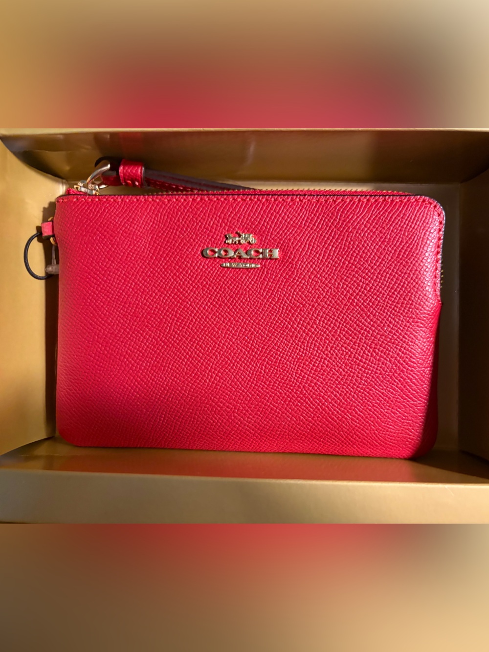 NWT Coach Red Leather Wristlet with Gold Logo and Gold Charms